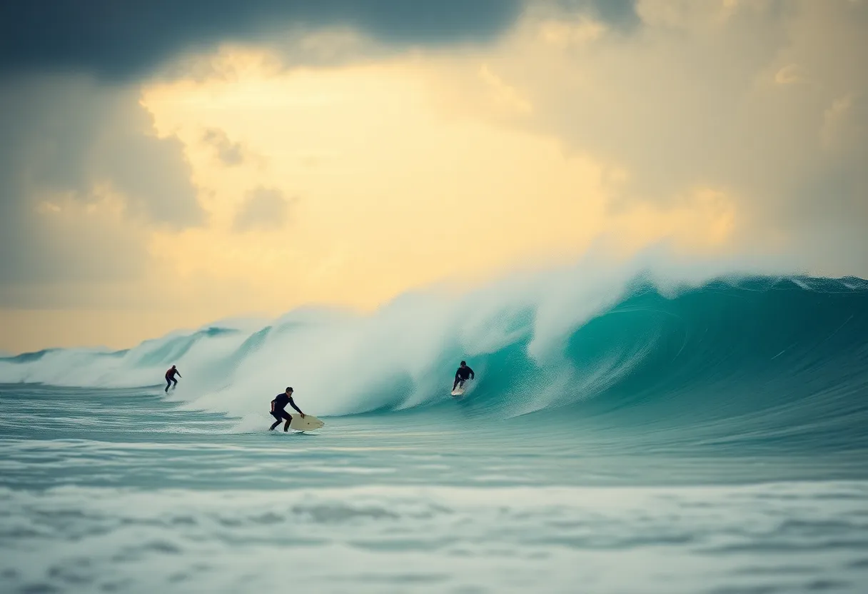 Surfers navigating high waves at Folly Beach with stormy weather.