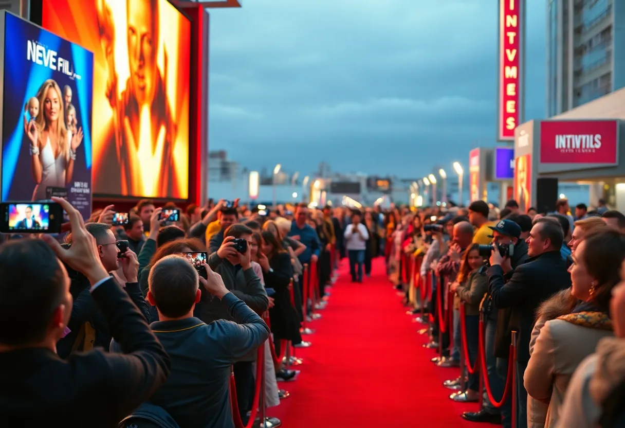 Premier event for Freakier Friday with a bustling crowd and red carpet.