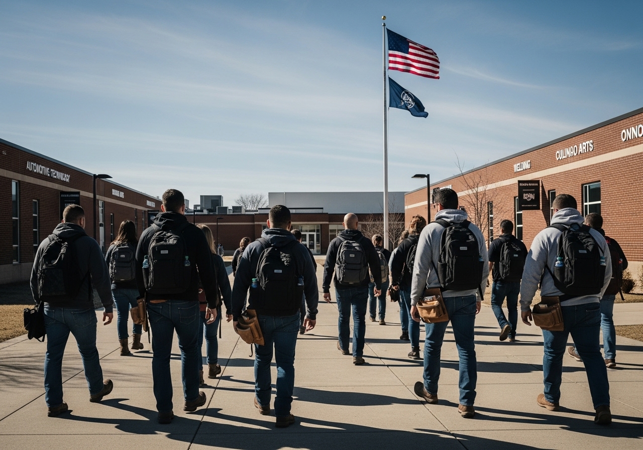 Veterans and adult students walking on a technical college campus with campus buildings and a flagpole visible