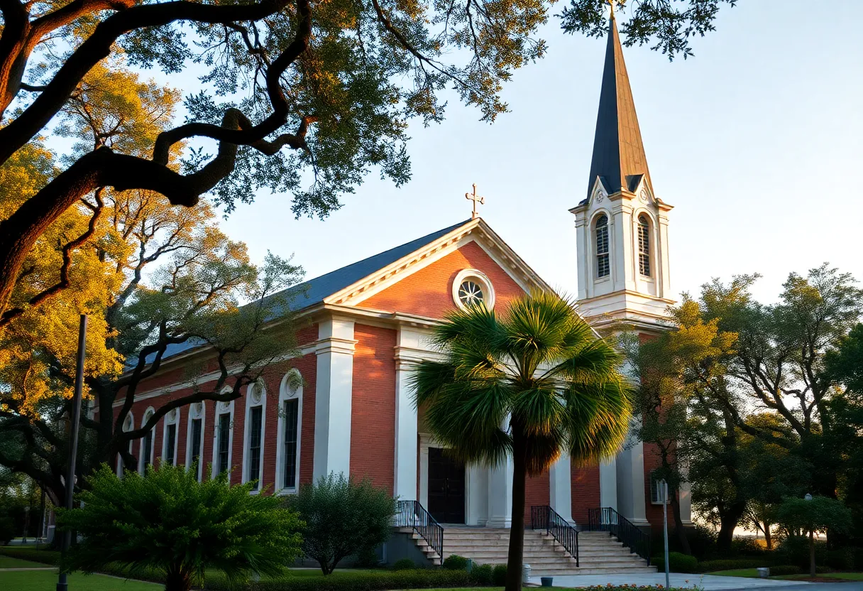 A historic church in Charleston surrounded by trees