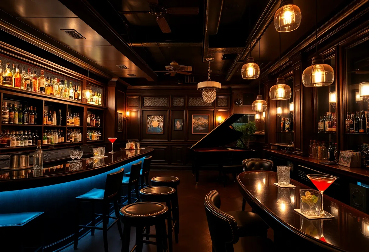 Interior view of Hush speakeasy with bar and piano