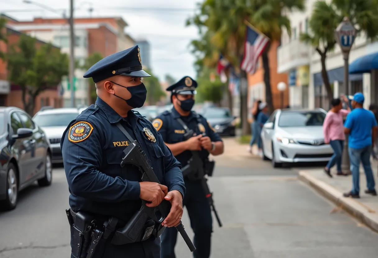 Police officers interacting with a community member in North Charleston