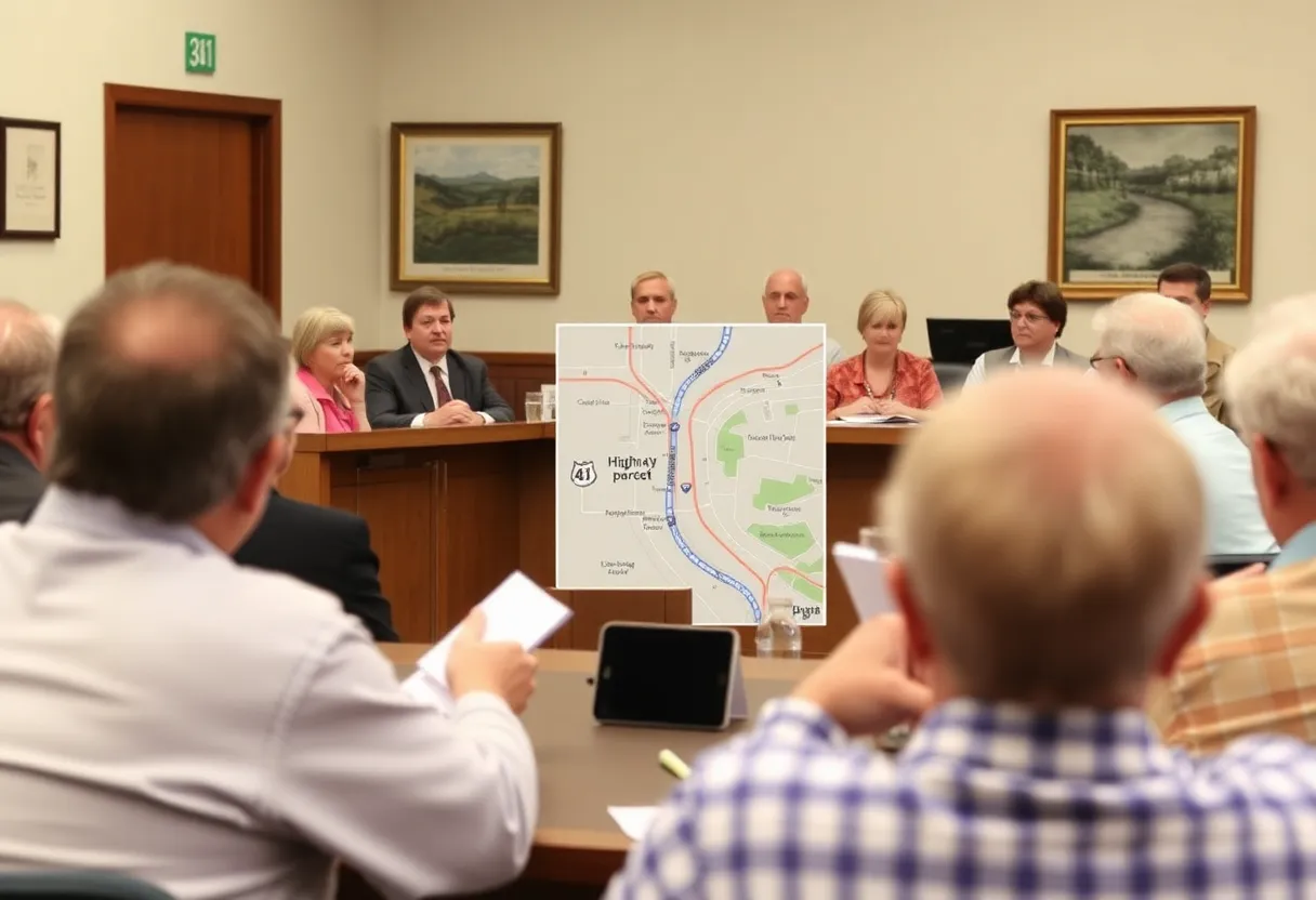 Community members at a town council meeting discussing the Highway 41 project