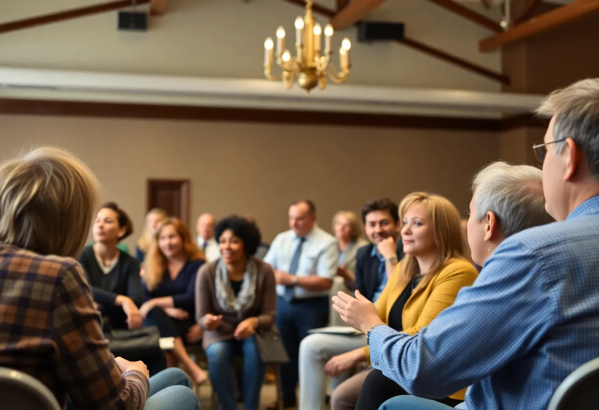 Residents participating in a town hall meeting for community engagement.