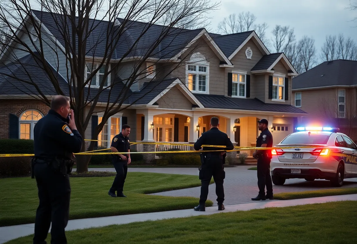 Police officers at a luxury home during a law enforcement operation