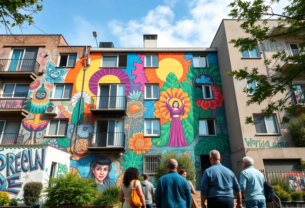 Community members admiring a colorful mural in North Charleston