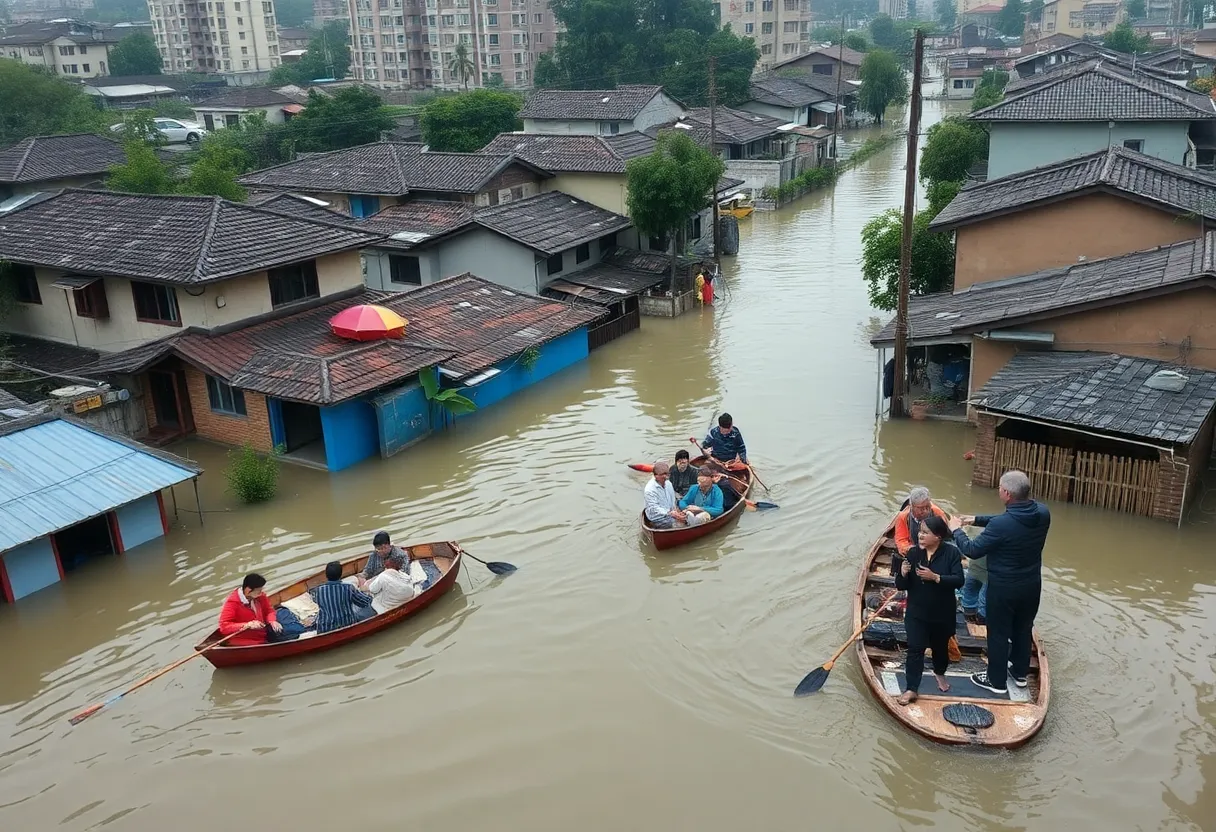 Flooded streets in northern China with rescue operations ongoing.