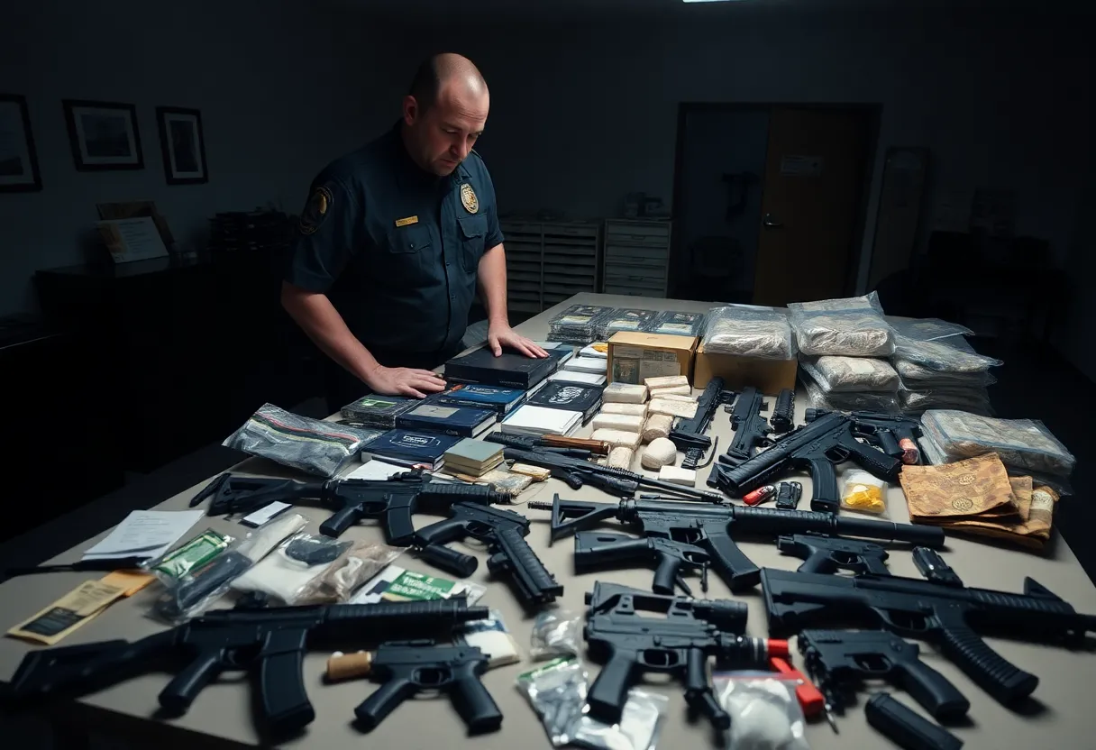 Seized drugs and firearms displayed by law enforcement
