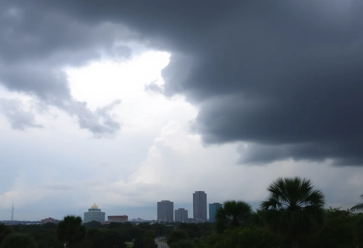 A stormy Charleston skyline with dark clouds and windswept trees