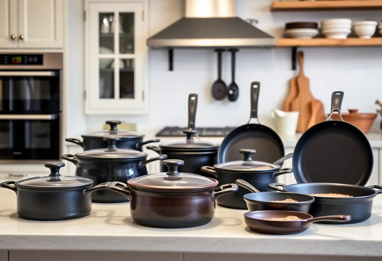 Display of vintage-style cast iron cookware from Smithey Ironware