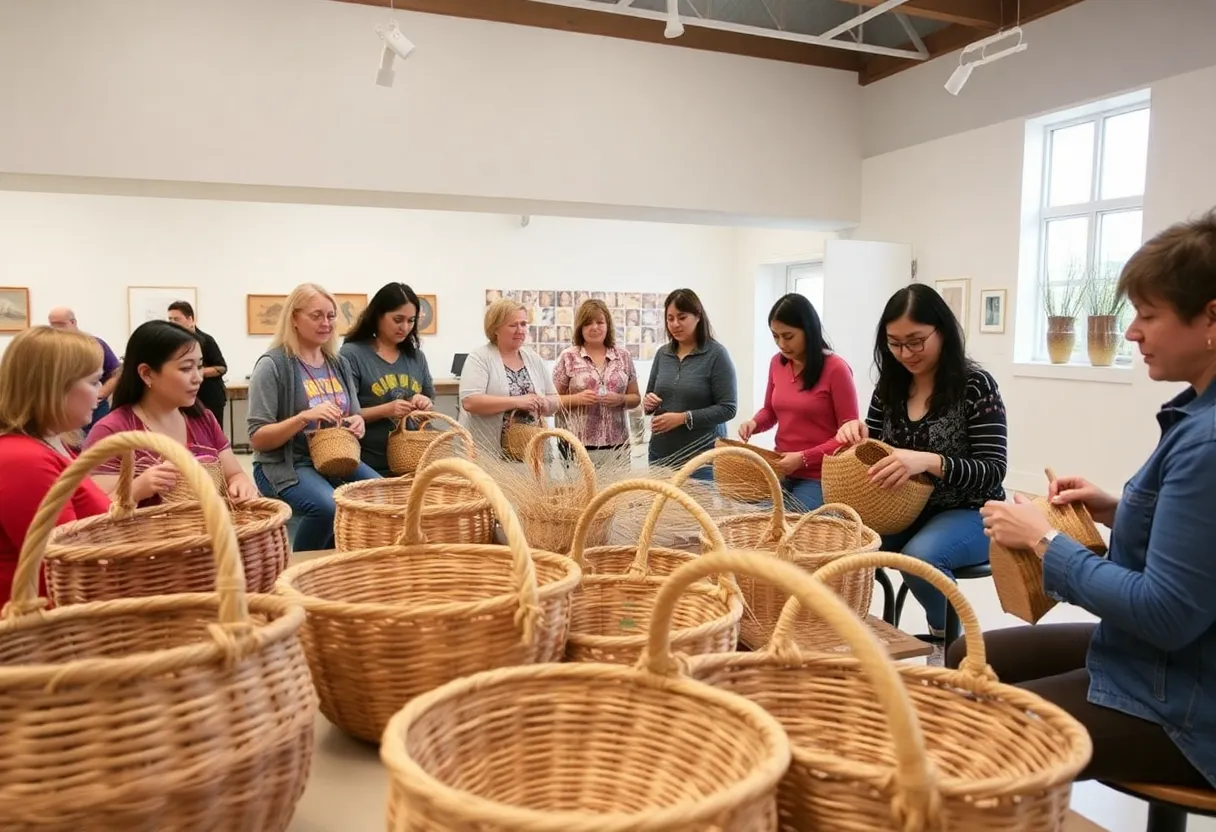 Participants weaving sweetgrass baskets at the Charleston Museum
