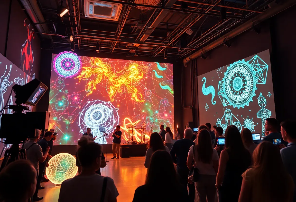 A vibrant setting of the Synthetic Theatre event showcasing AI integration in art.