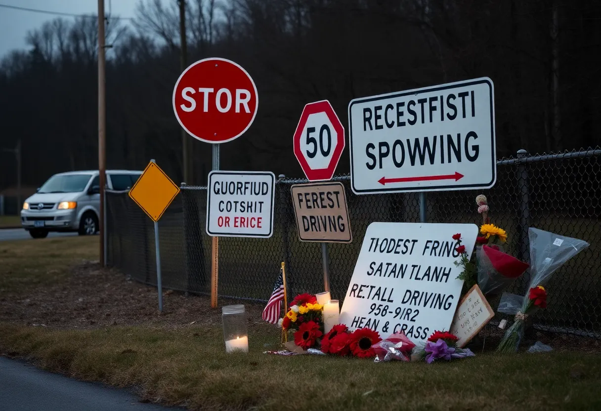 Memorial site for traffic accident victims with safety signs