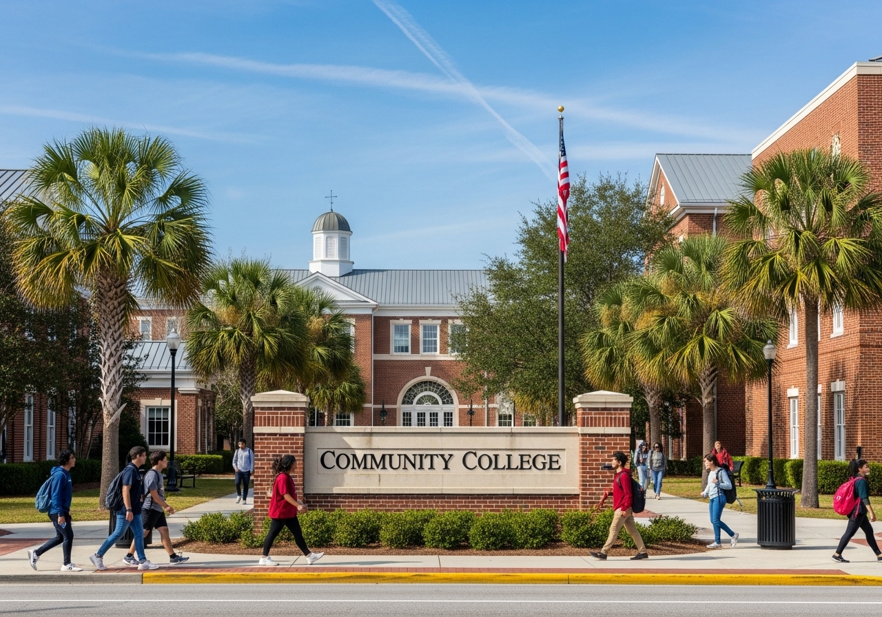 Trident Technical College campus entrance with students walking and palm trees on a sunny day