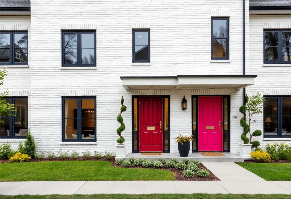 Contemporary house featuring white painted brick exterior and contrasting black frames