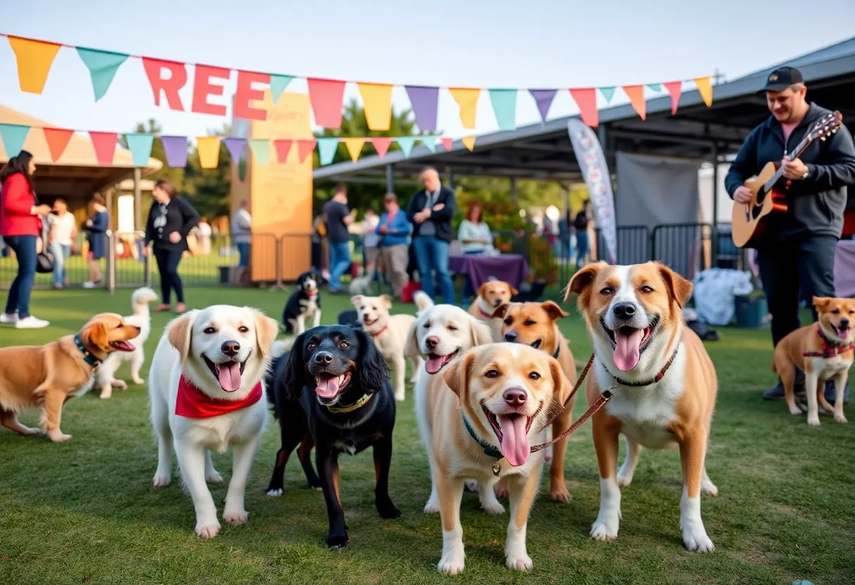 A lively dog park scene during Yappy Hour with dogs and owners enjoying the outdoor festivities.