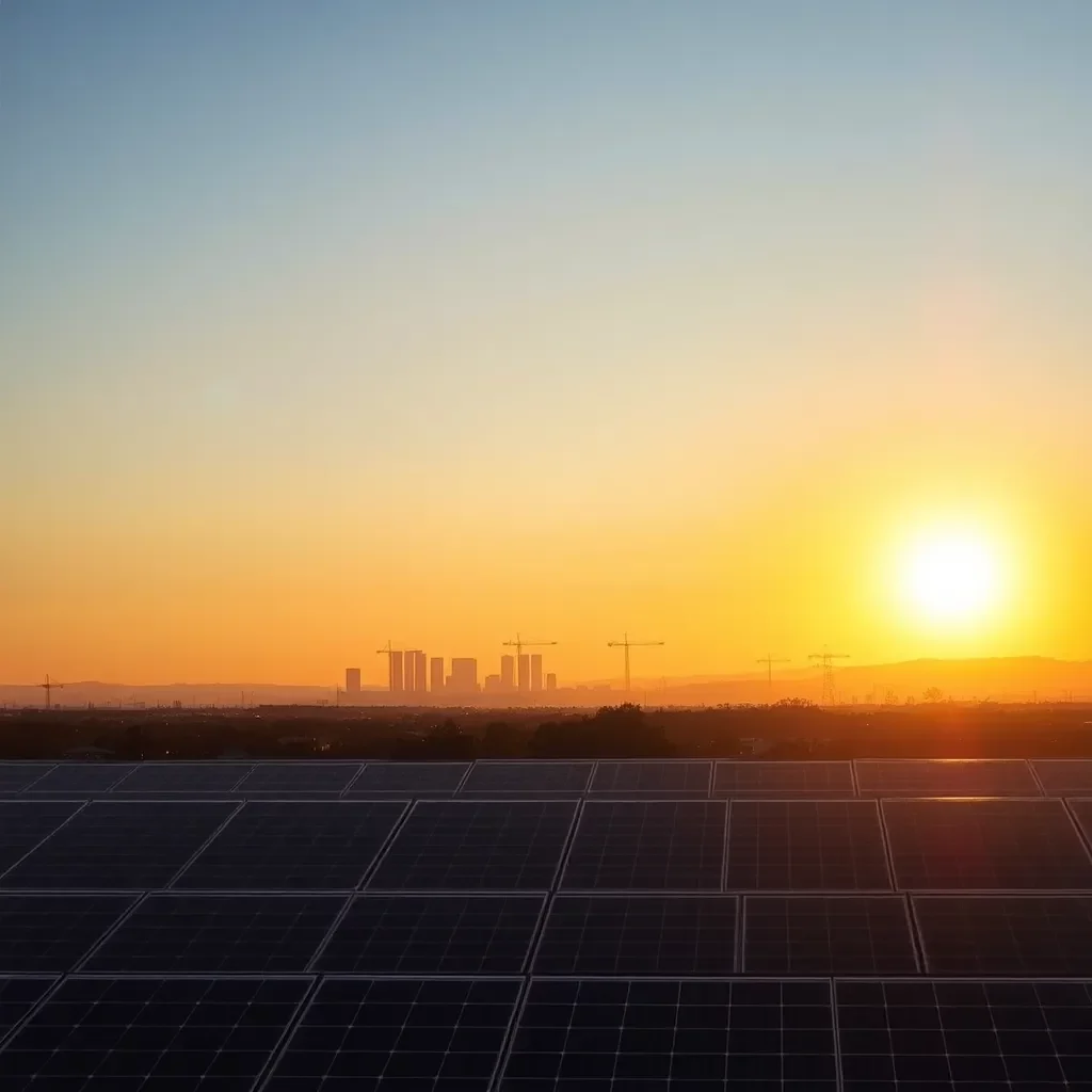 Solar panels against a bright California skyline at sunset.