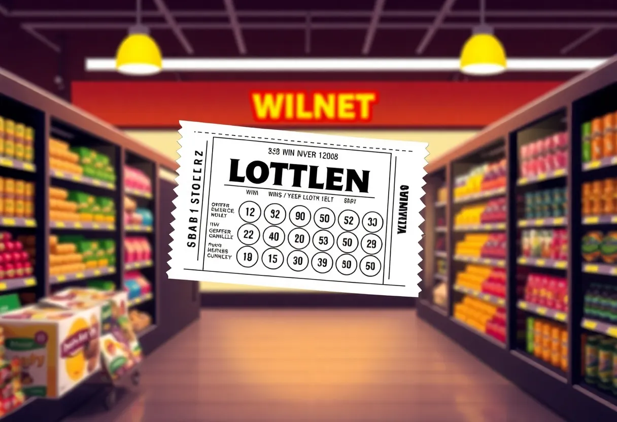 A close-up of a lottery ticket with a grocery store background.