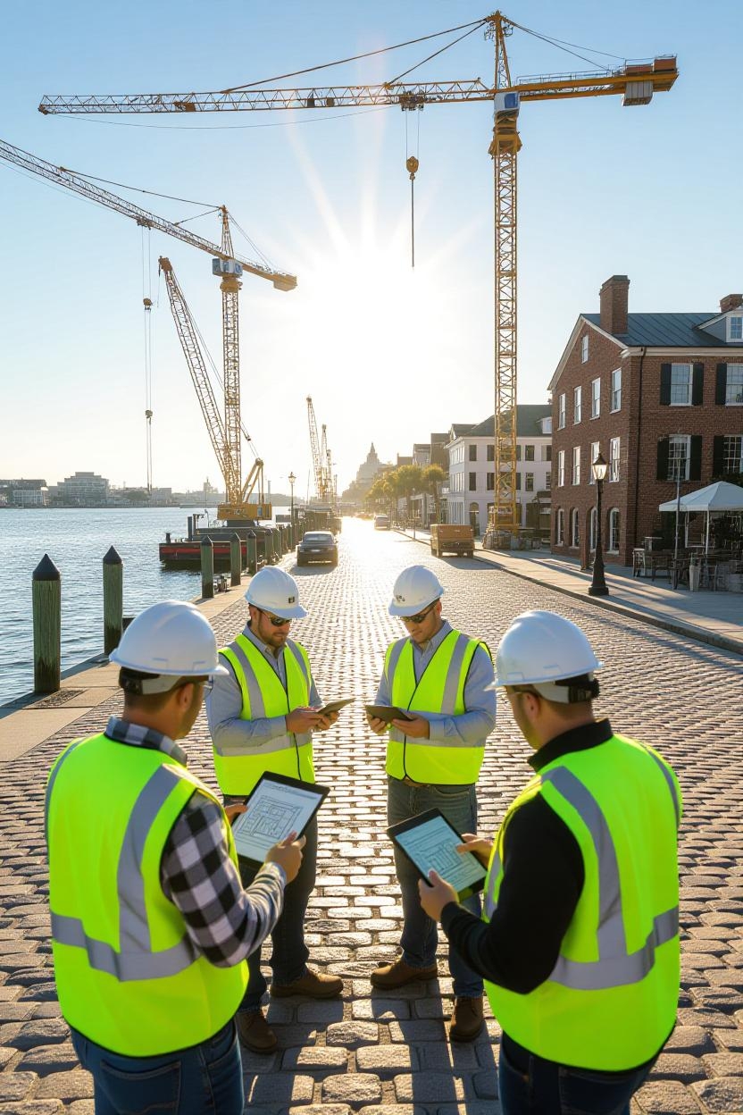 Charleston contractors reviewing digital blueprints on tablets at a construction site