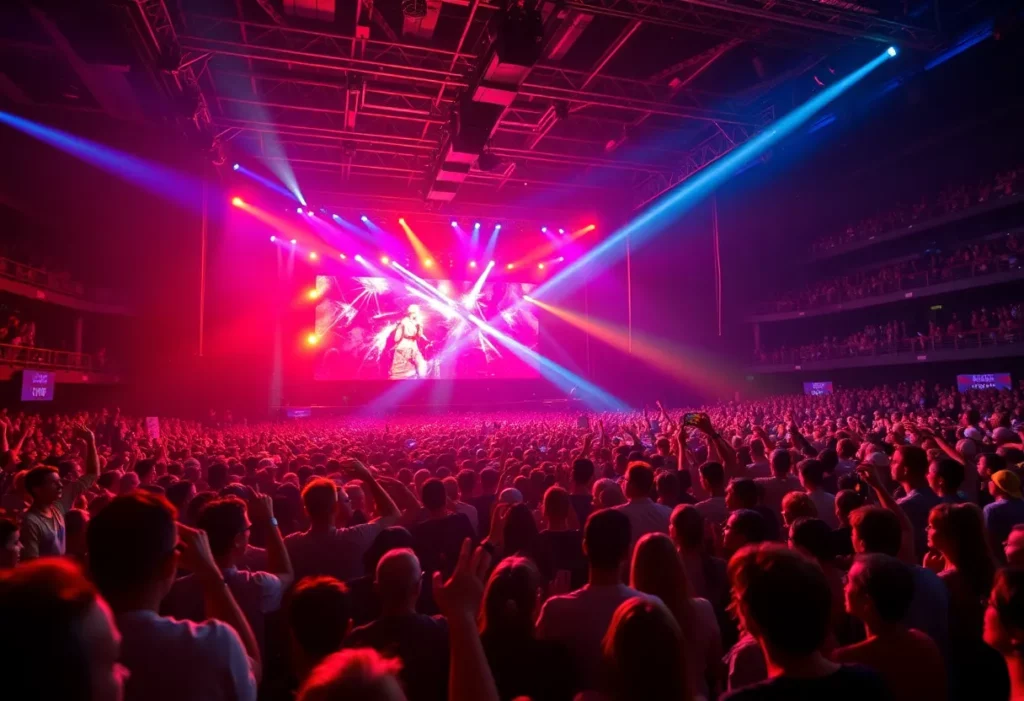 A concert scene from Barry Manilow's farewell tour with a lively audience