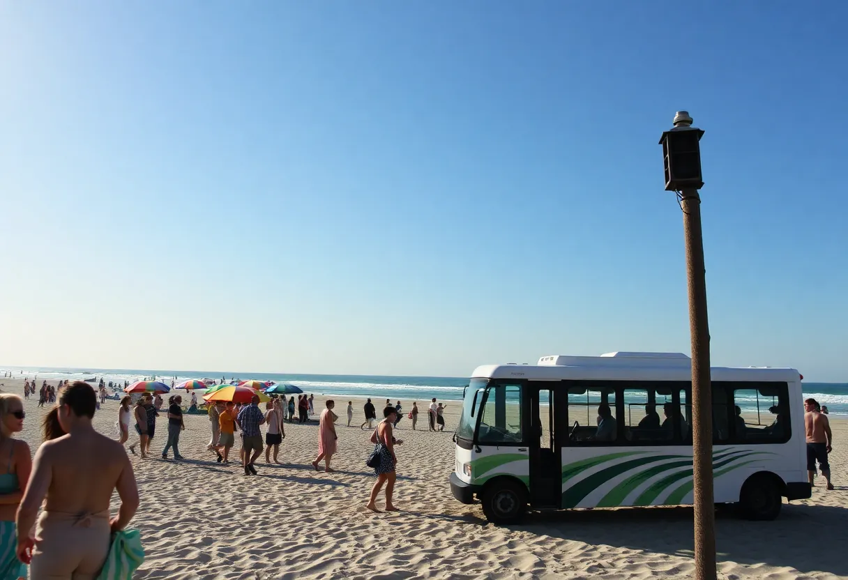Shuttle bus at Isle of Palms beach with beachgoers
