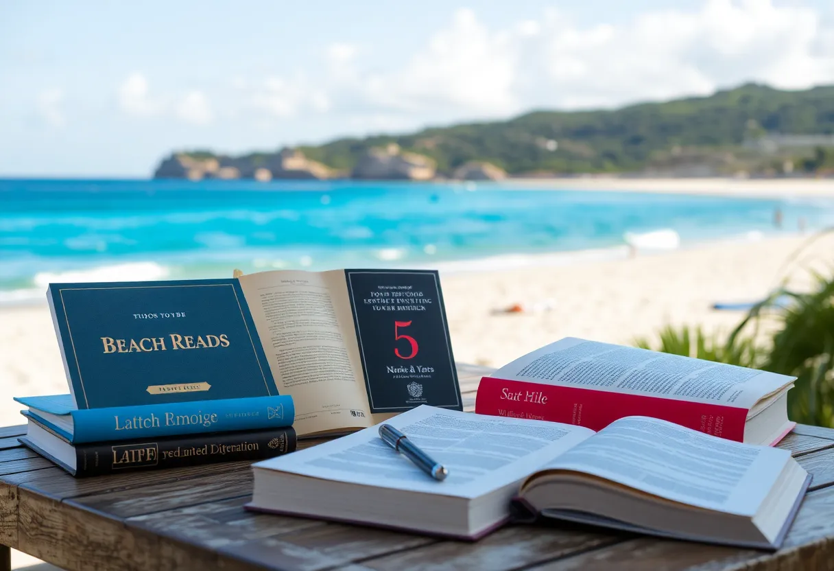 Beach setting with books on a table