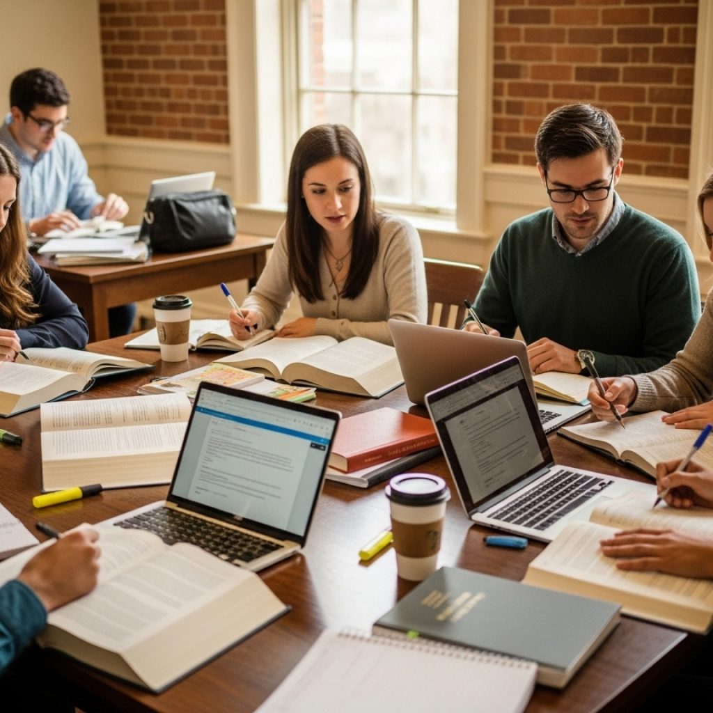 Group of law students studying with books, laptops and notes in a historic classroom