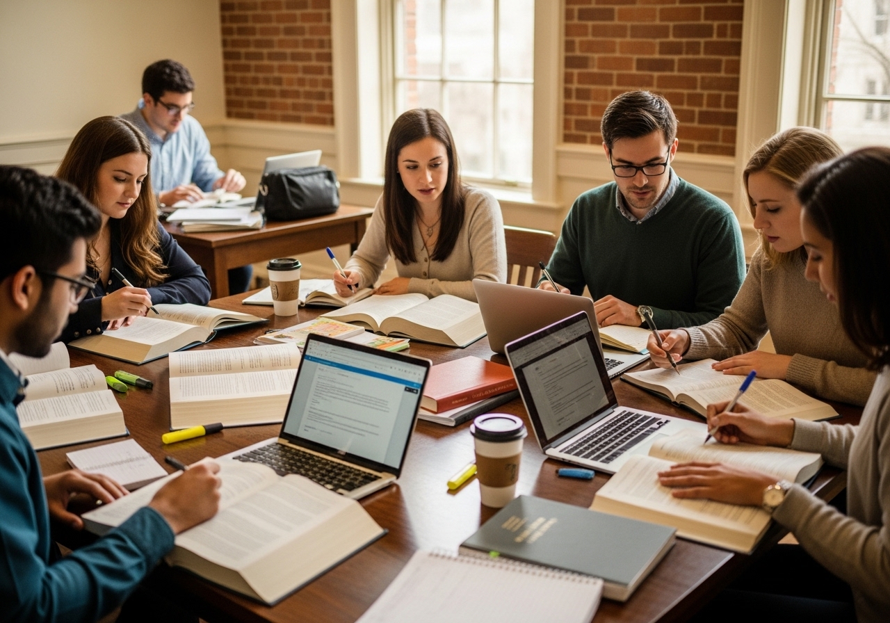 Group of law students studying with books, laptops and notes in a historic classroom