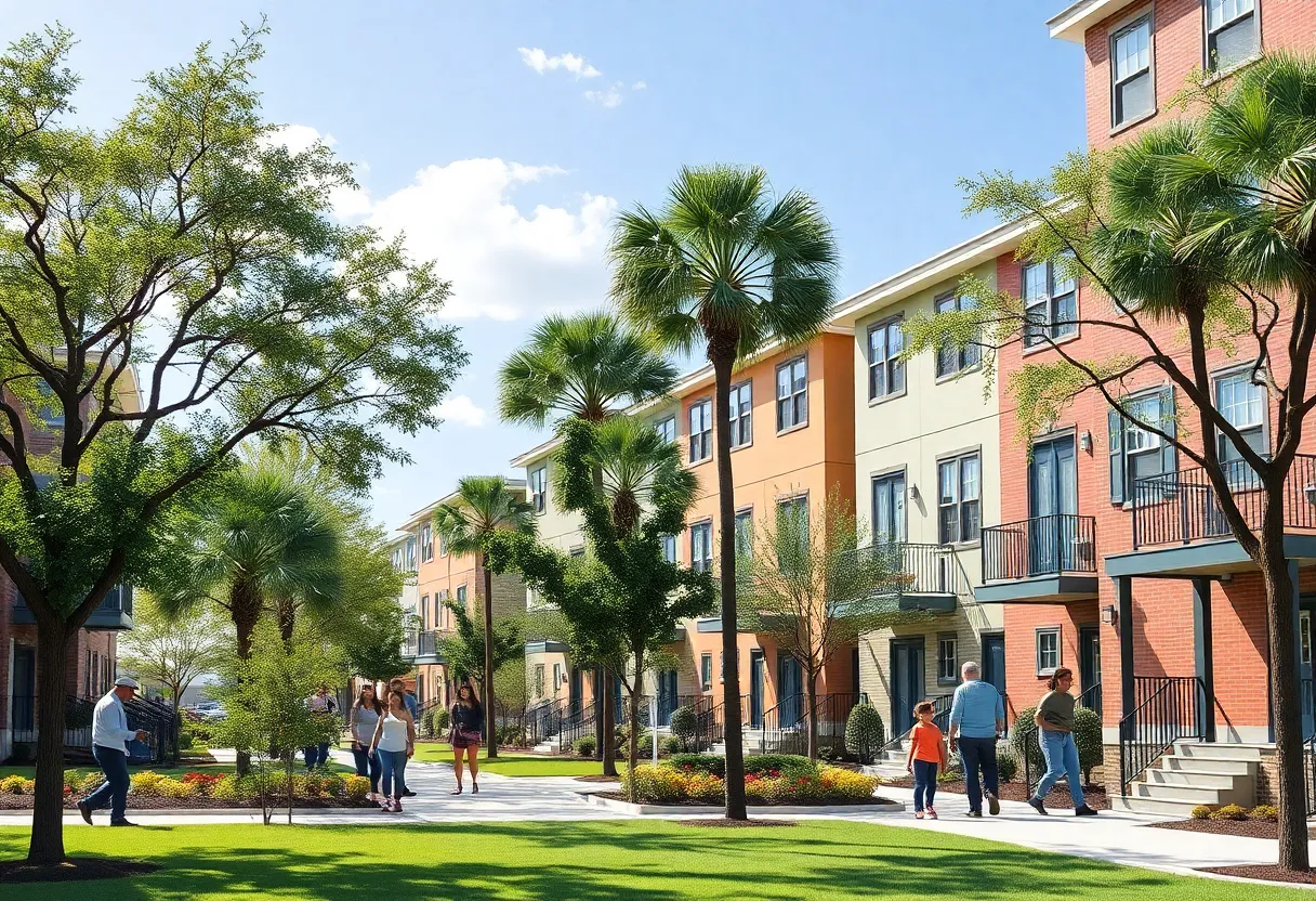 New affordable housing units in Charleston with families and green spaces.