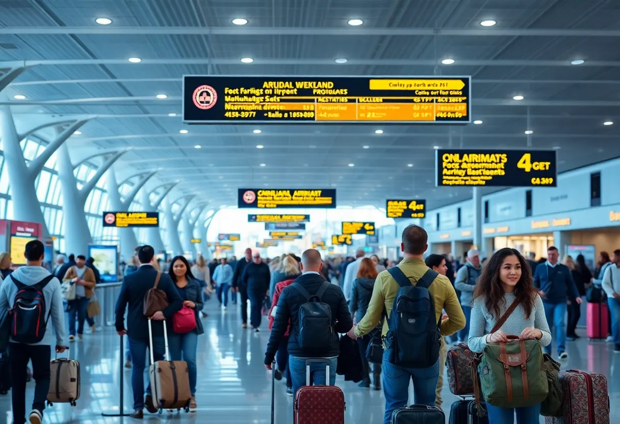 Busy scene at Charleston International Airport with travelers