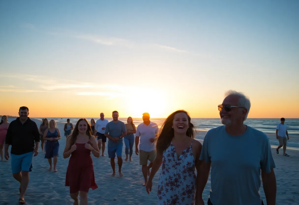 Happy people enjoying a sunrise at Folly Beach, Charleston.