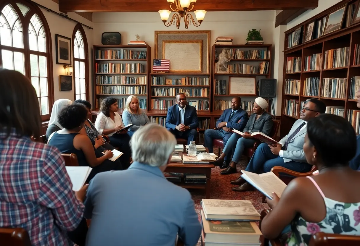 Audience attending a book talk on Barbadian history at a library.