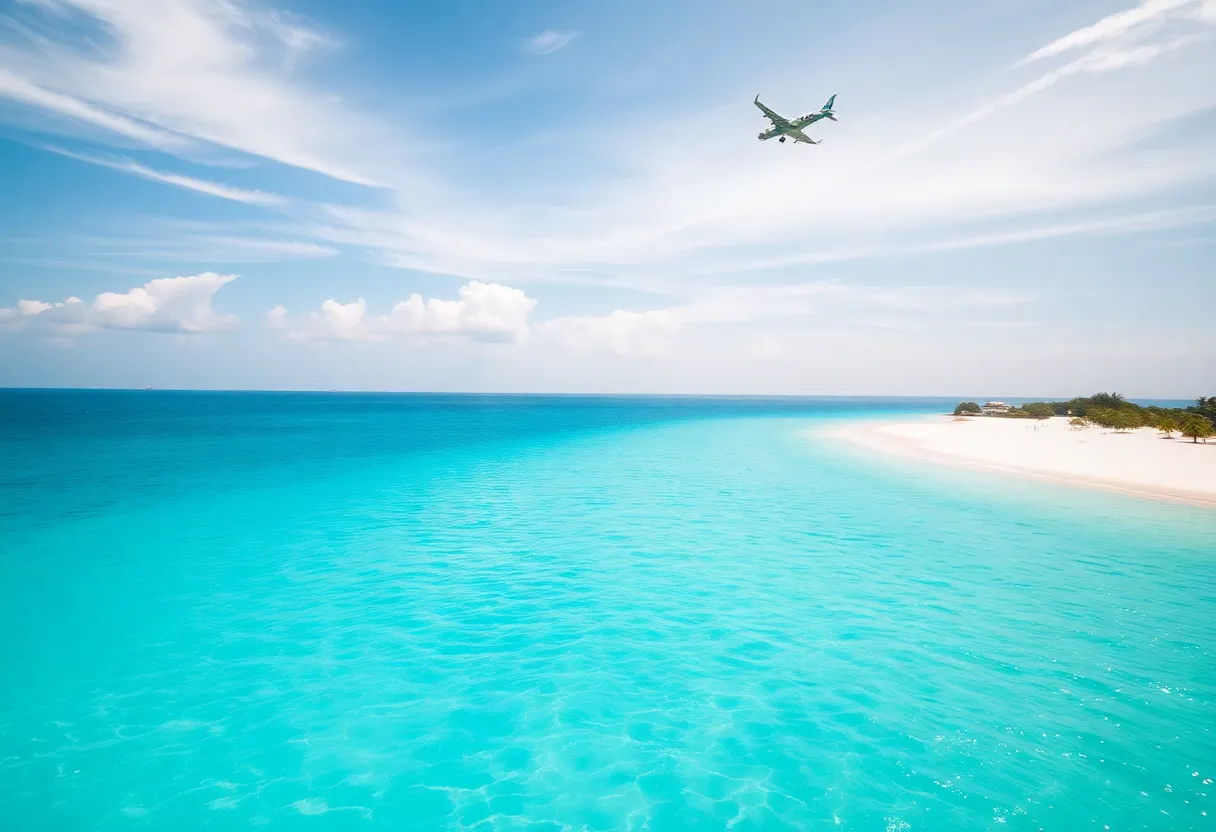 An airplane flying over the beaches of Cancún, Mexico.