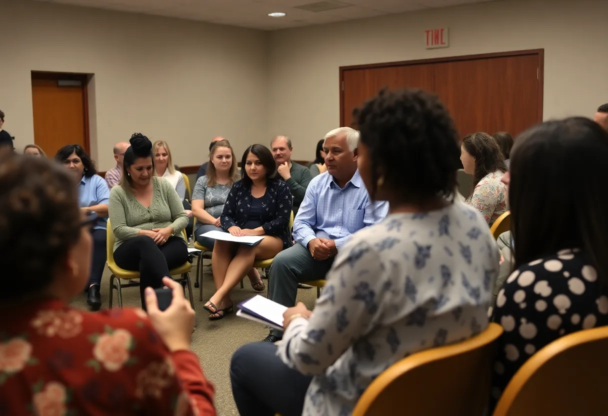 Community members discussing at a meeting about the Coming Street Commons project in Charleston.