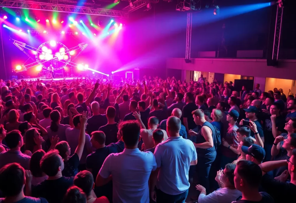 Crowd enjoying a concert in Charleston with colorful lights