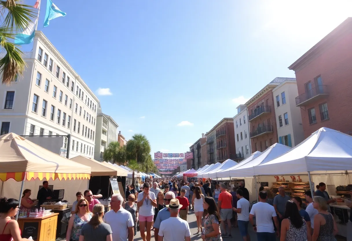Crowd enjoying Charleston festival with music and food