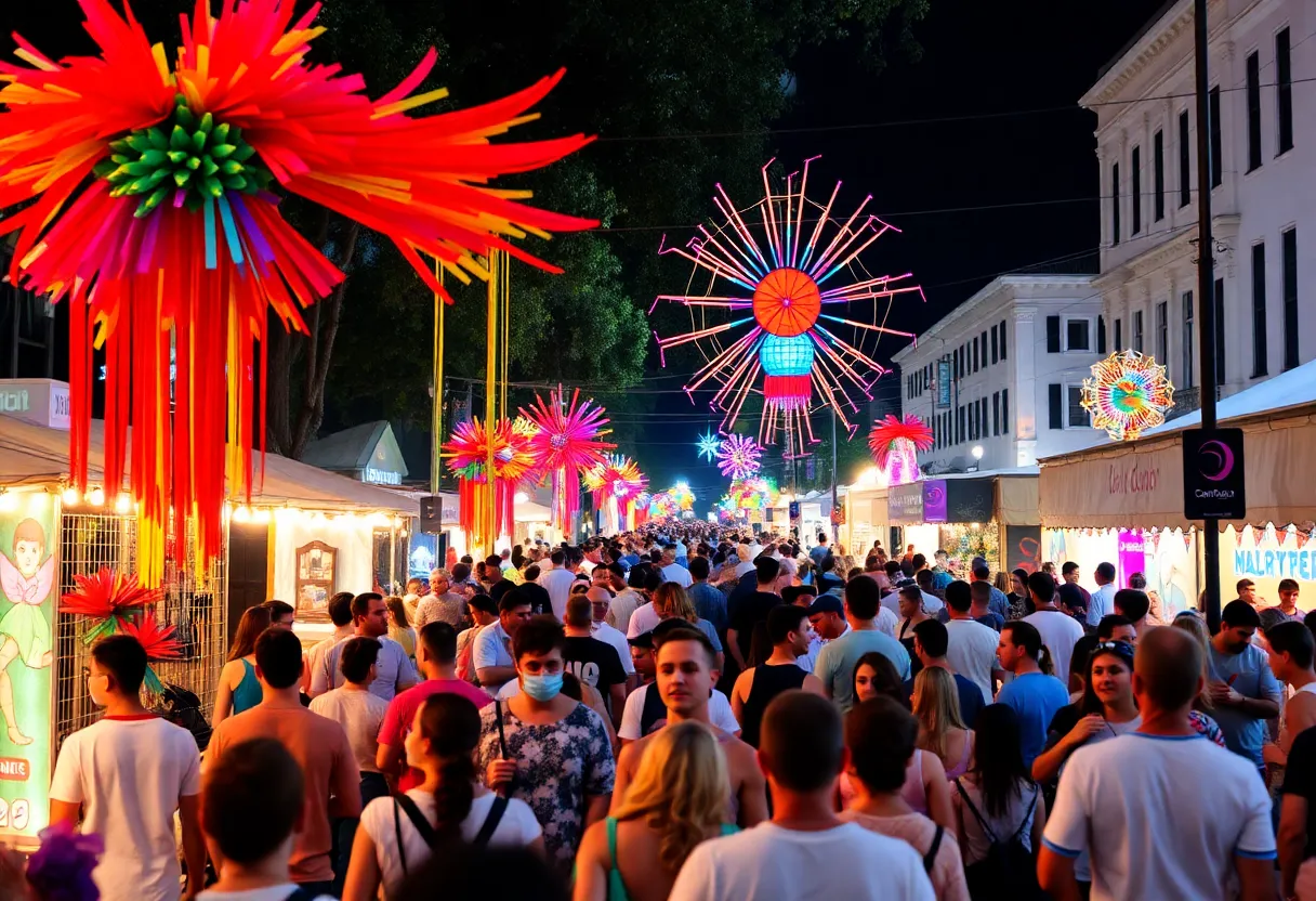 A vibrant festival scene in Charleston with diverse participants enjoying artistic displays.