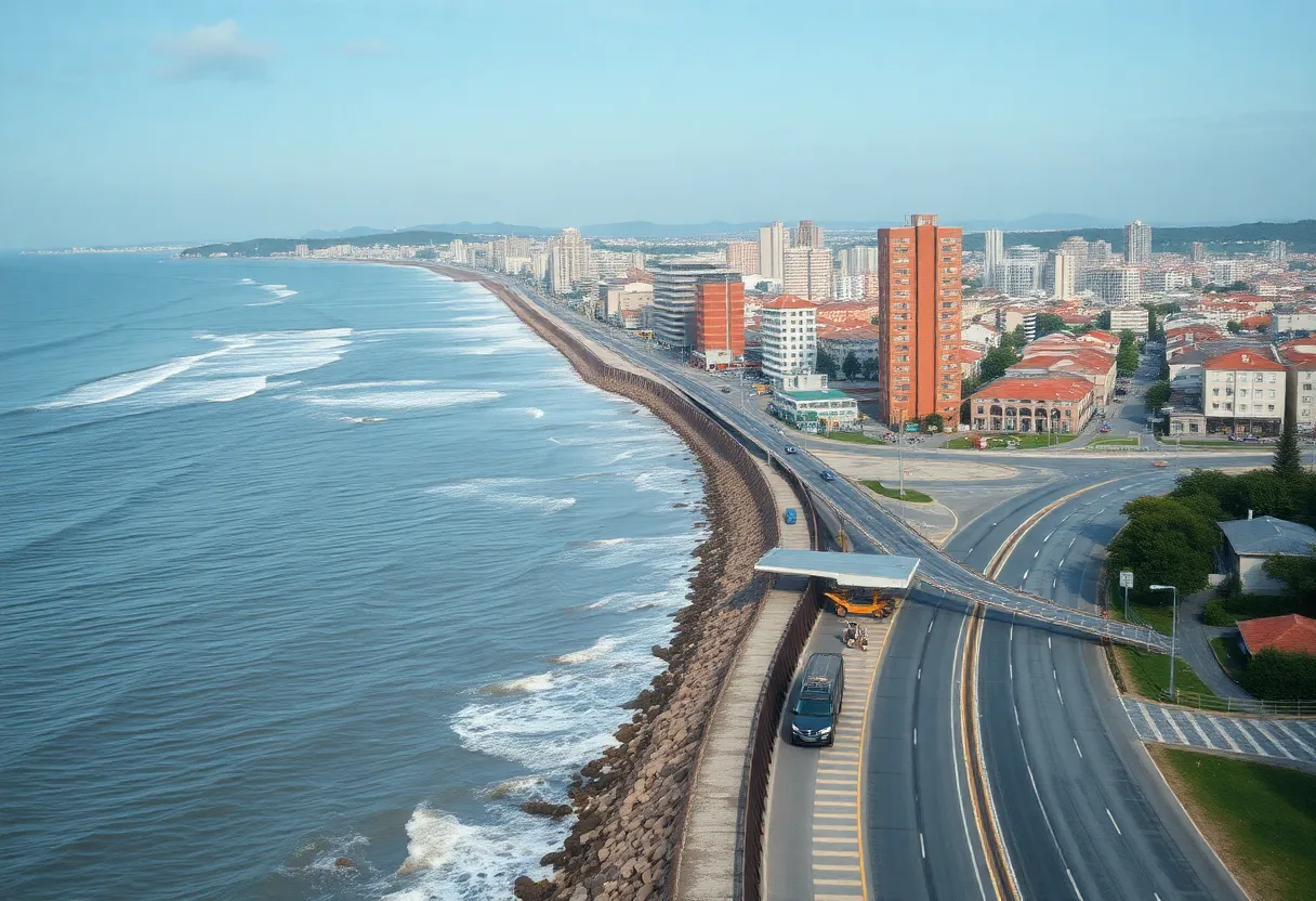 Seawall and cityscape in Charleston for flood protection