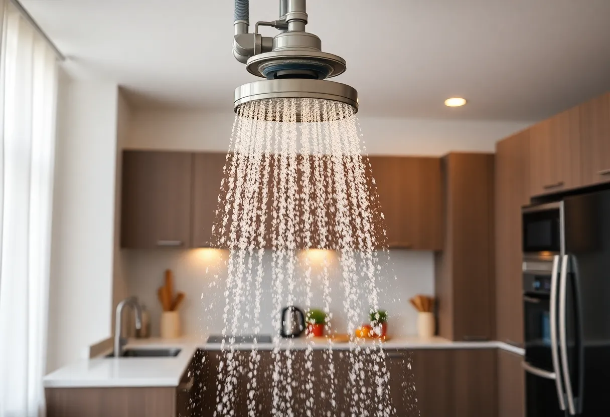 A kitchen with activated sprinkler system during fire incident