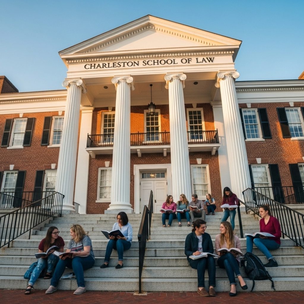 Historic Charleston law school building with students studying on front steps and law books
