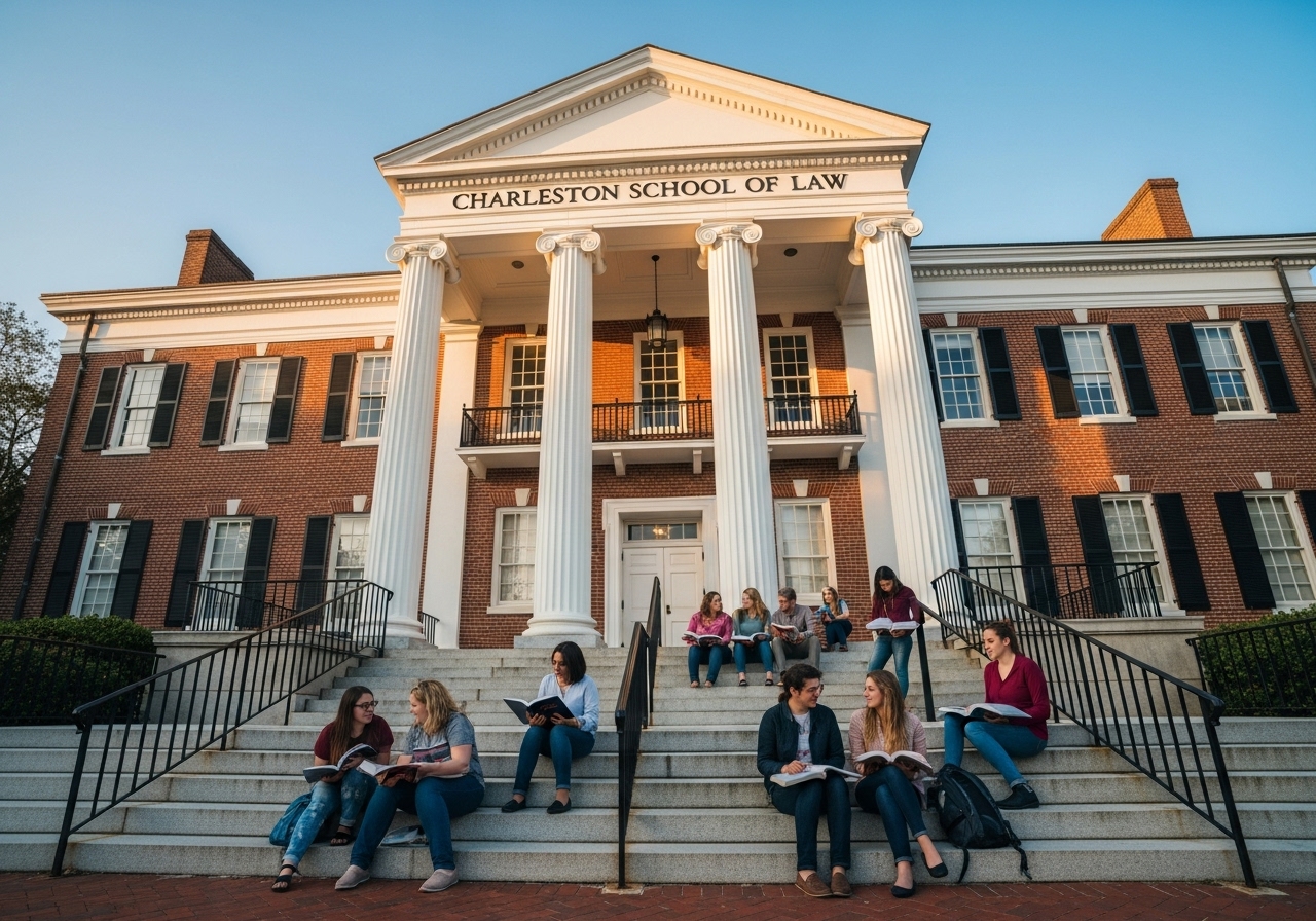 Historic Charleston law school building with students studying on front steps and law books