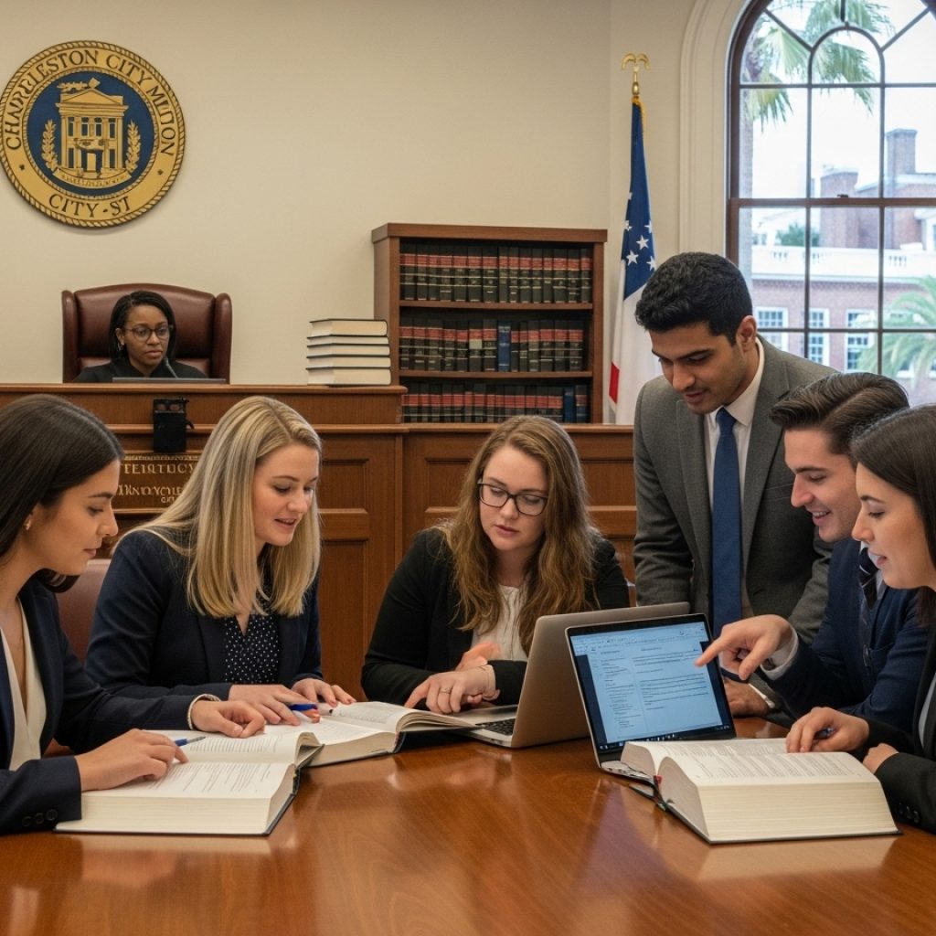 Group of law students collaborating in a courtroom clinic at Charleston School of Law