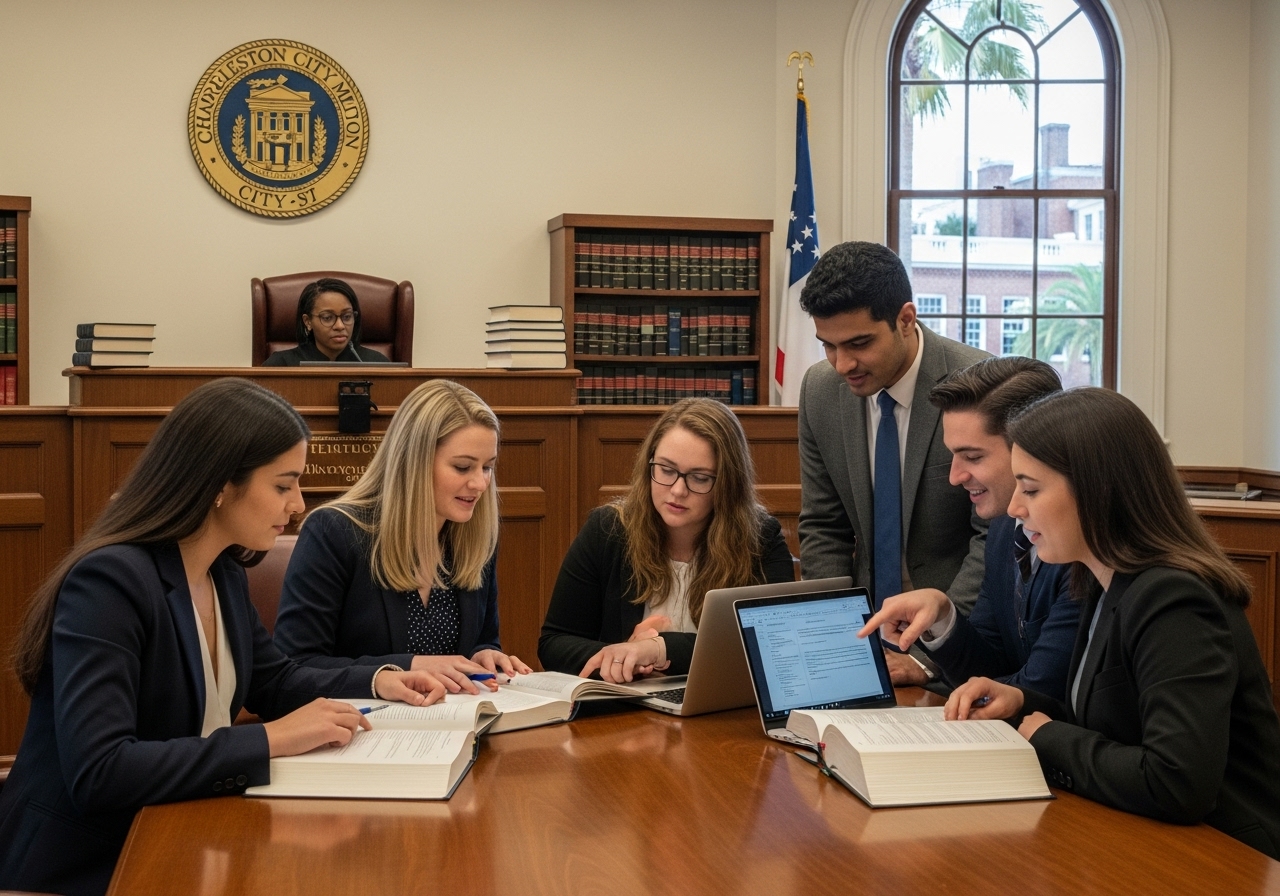Group of law students collaborating in a courtroom clinic at Charleston School of Law