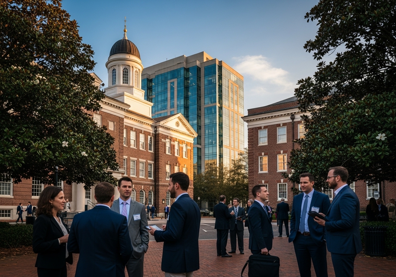 Downtown Charleston courthouse and law offices with professionals networking outdoors