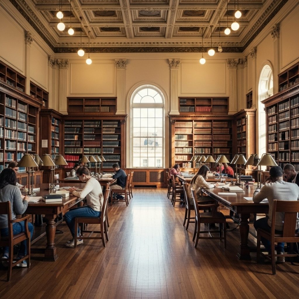 Students studying in a historic law school library with tall bookshelves and sunlight