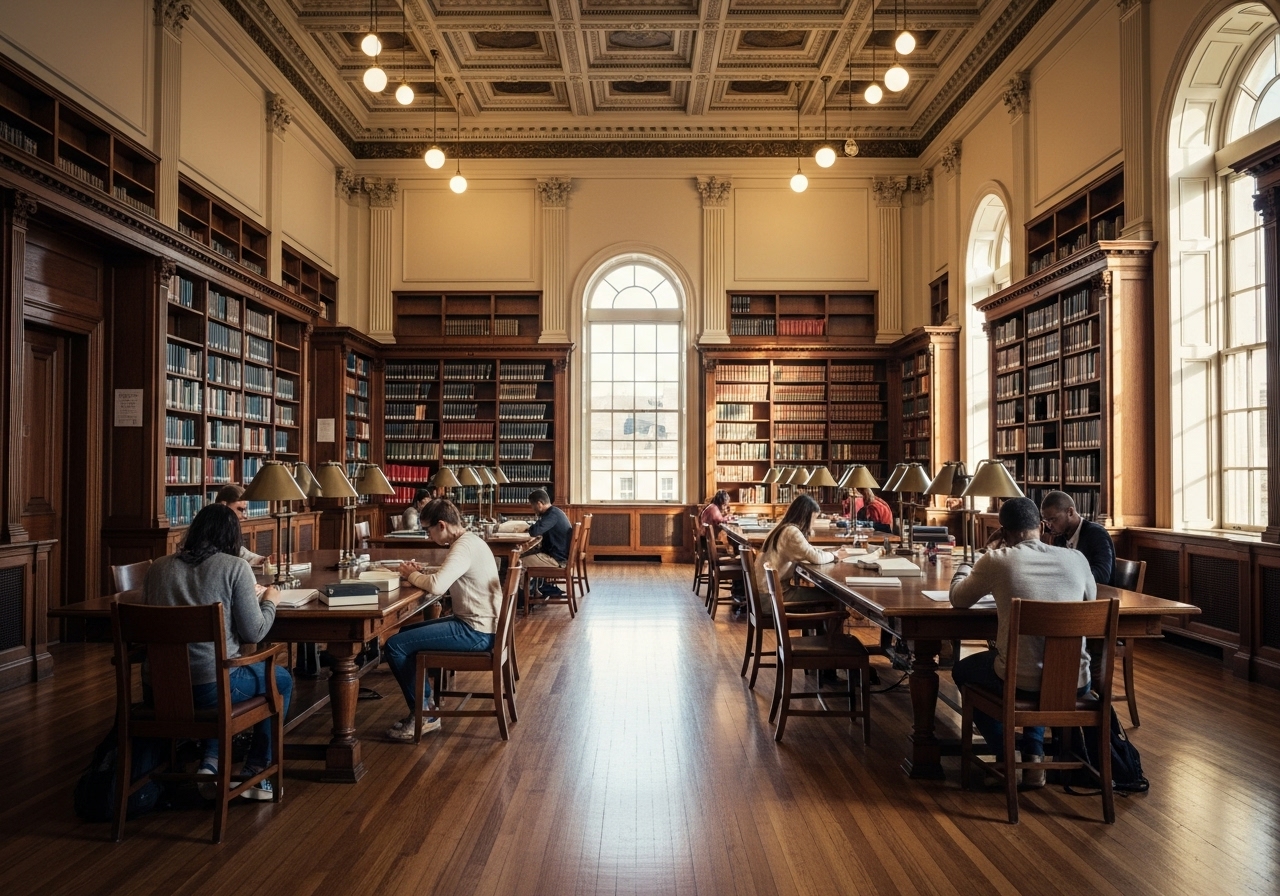 Students studying in a historic law school library with tall bookshelves and sunlight
