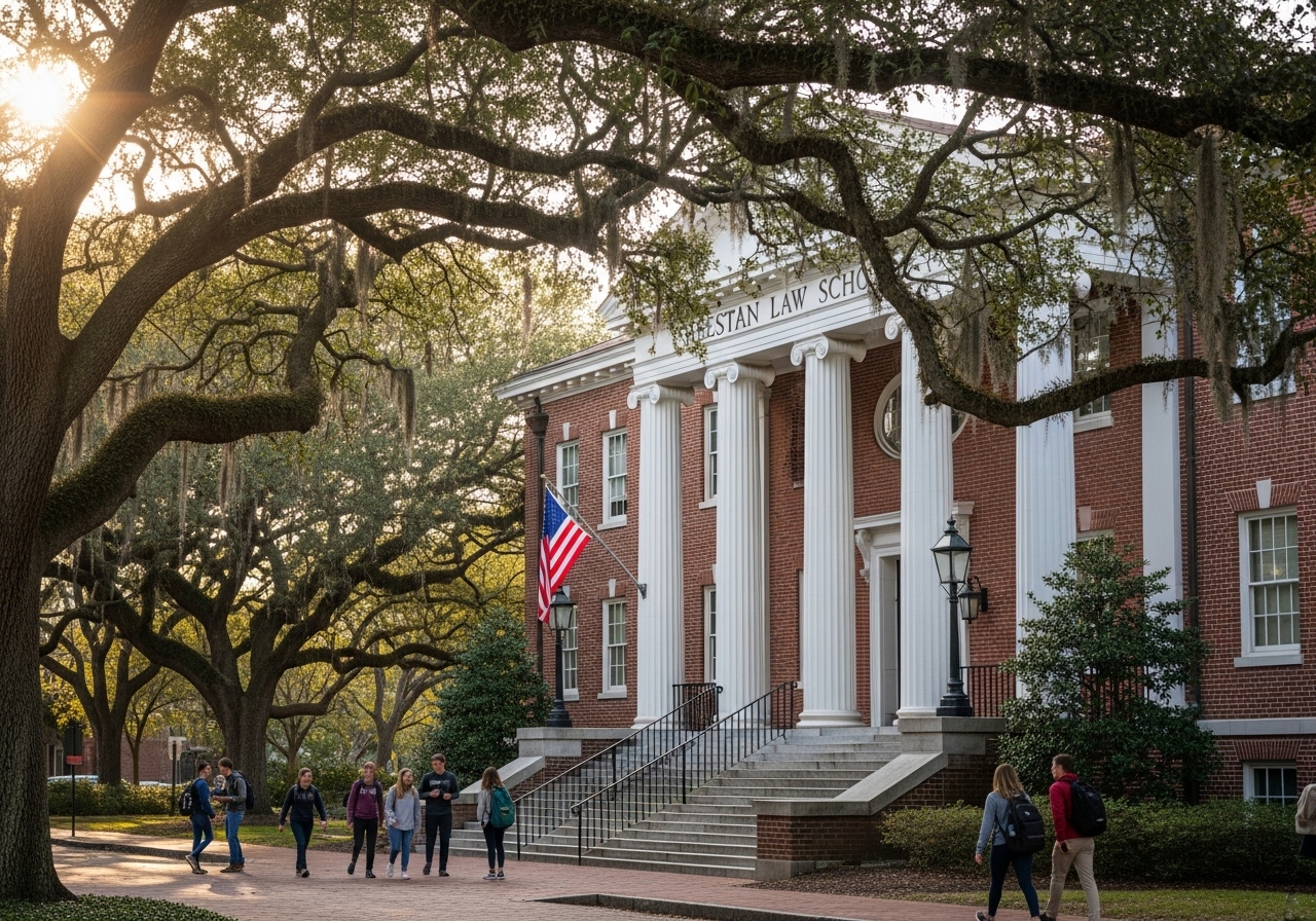 Historic Charleston law school building with students on campus and oak trees