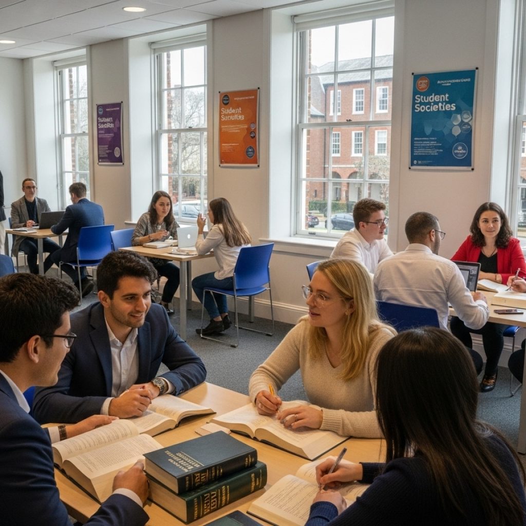 Diverse law students meeting in a bright common area with law books and laptops at Charleston School of Law