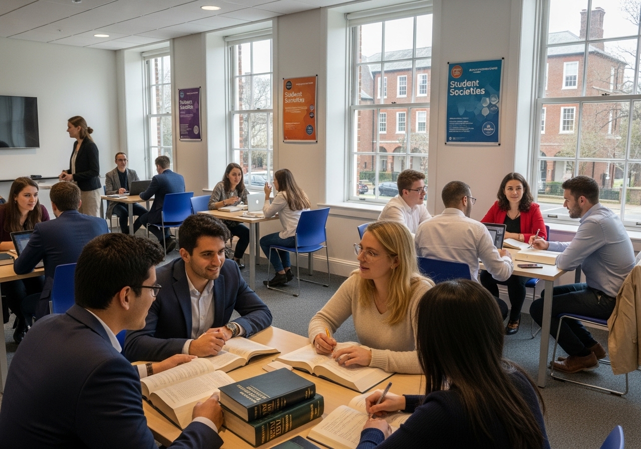 Diverse law students meeting in a bright common area with law books and laptops at Charleston School of Law