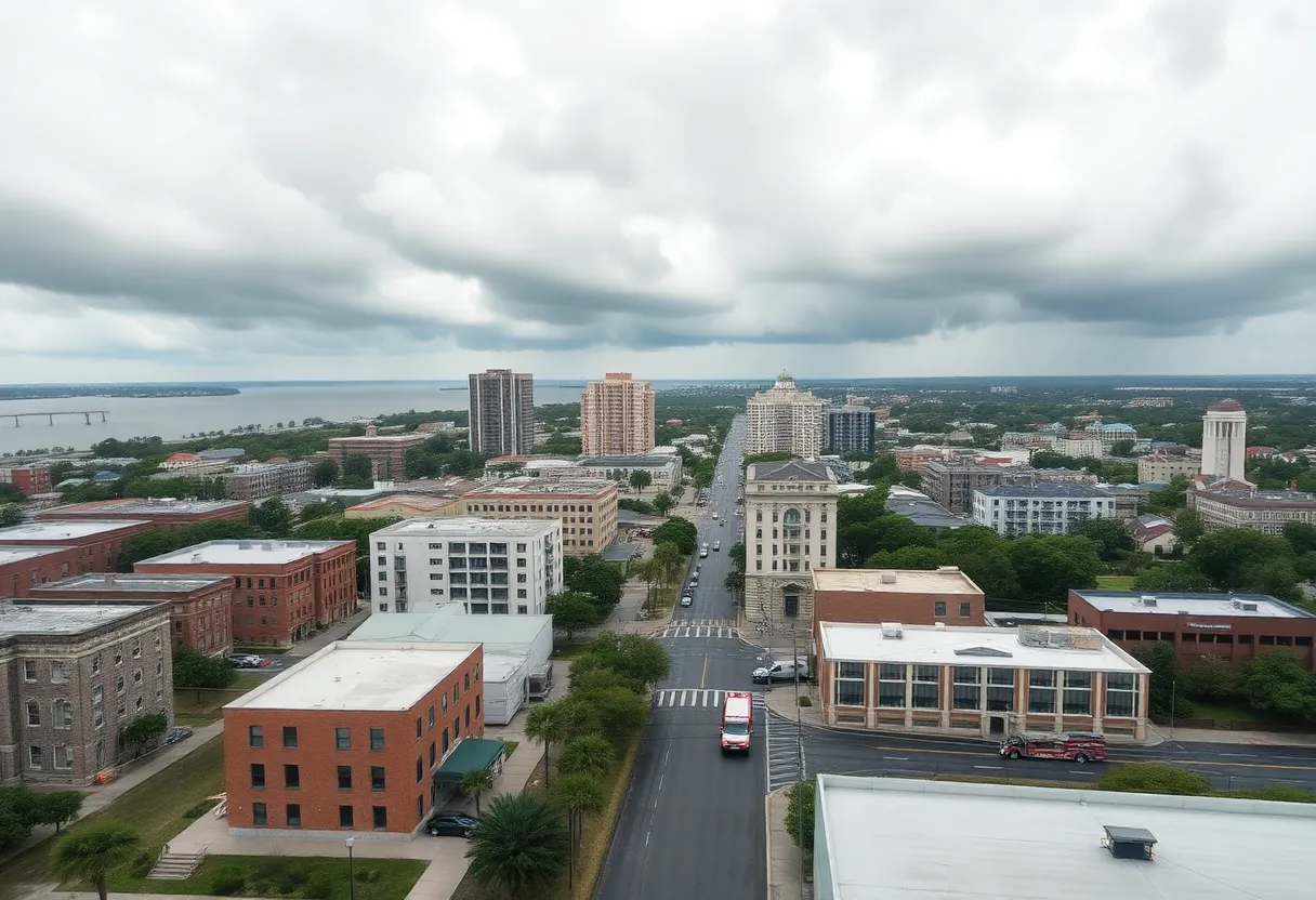 Aerial view of Charleston preparing for Tropical Storm Imelda with sandbags and cloudy skies.